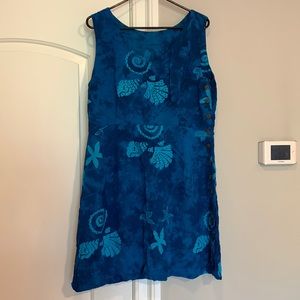 Blue coastal, beachy dress, Large, falls just above the knees, modesty lined top